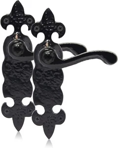 Fleur de Lys Türdrücker auf Blechriegel schwarz antik 190 mm Set Paar - Bild 1 von 4