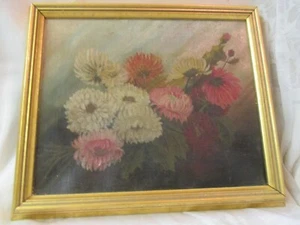 Vintage Original Art Oil Painting on Canvas Chrysanthemums signed - Picture 1 of 6