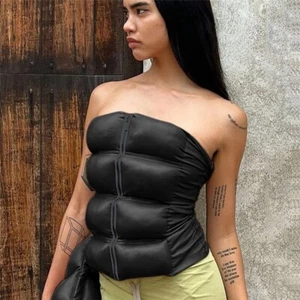 WOMENS TRENDY FASHION STYLISH Strapless Puffer Tube Top with Front Zipper - Picture 1 of 22