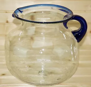 140 Ounce Cobalt Trim Water Pitcher Mexican Hand Blown Glass 8" x 7½" Unique - Picture 1 of 7