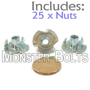 #10-32 x 5/16" - Qty 25 - 3 Prong Tee Nut Straight Barrel Zinc Plated T-Nut - Picture 1 of 2