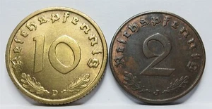 GERMANY 3rd Reich lot 2 & 10 Reichspfennig 1938 D & J aUNC Swastika #B87 - Picture 1 of 4