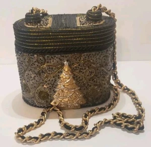 MARY FRANCES Oval Box Purse Christmas Tree  Gold Green Chain Strap - Picture 1 of 23
