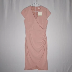 Showpo Dress 8 Pastel Pink Stretch Knit Empire Cap Sleeve Surplice V-Neck Sheath - Picture 1 of 10