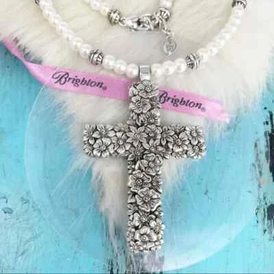 Brighton Lola Flor Cruz Perla Plata Plato Colgante Cuentas Collar Largo 32" Foto 1 de 4