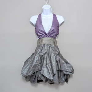 Vestido de fiesta Miso gris metálico púrpura dobladillo burbuja abullonada cuello halter espalda abierta 6 - Imagen 1 de 16