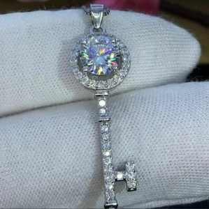 2Ct Round Cut Lab Created Diamond Key Pendant With Chain 14k White Gold Finish - Picture 1 of 4