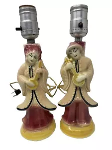Coppia Lampade da Tavolo Vintage Metà Secolo Quaranta/Cinquanta Statuine Asiatiche Lampada TV - Foto 1 di 14