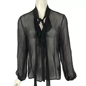 Ojay Blouse Black Size 16 Silk Chiffon Pussy Bow Ruffle Front Business Cocktail - Picture 1 of 12