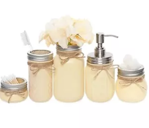 Mkono Glass Mason Jar’s Bathroom Accessories Yellow 5pc Set Organizer - Picture 1 of 4