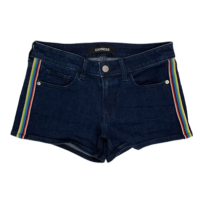 Pantalones Cortos de Jean Express Relajados Tiro Bajo Oscuro Rayas Laterales Talla 2 Foto 1 de 4