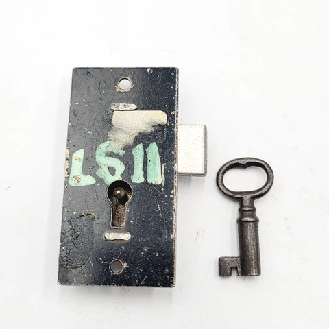 Vintage Black Cabinet Drawer Dresser Lock with Skeleton Key 2 1/2" x 1 1/4" Cover