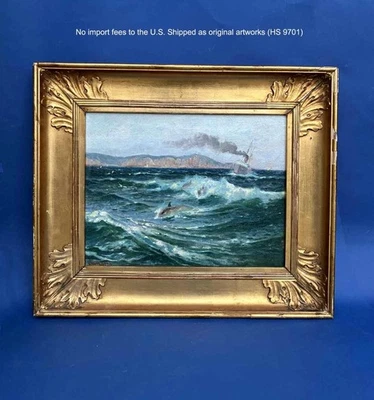 Carl Barth (1847) Marine Oil – Dolphins & Ship in Italian Port. 1903 - COA - Image 1 of 4