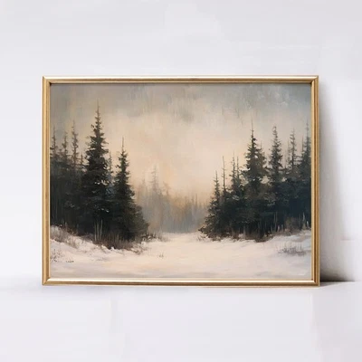 Pintura de bosque de pinos de invierno paisaje rústico nevado arte de pared vintage de Navidad Foto 1 de 4