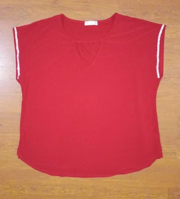 89th & Madison Womens Size 1X Red Rhinestone Cap Sleeve Top with Chest Cutout  - Image 1 of 4