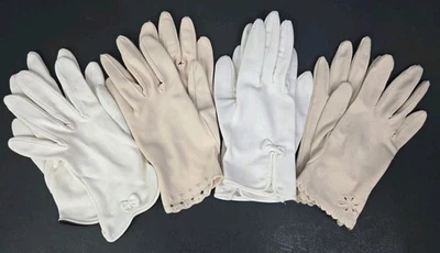 Lote de 4 pares de guantes de muñeca de cuero nailon cosidos crema y beige de los años 50 Foto 1 de 4