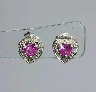 9CT WHITE GOLD PINK SAPPHIRE & DIAMOND HALO HEART STUD CLUSTER EARRINGS - Image 1 of 4