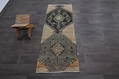 Vintage Turkish Runner Rug 2x5ft Wool Anatolian Handmade Hallway Oushak BEIGE - Image 1 of 4