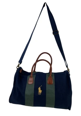 Ralph Lauren Polo Canvas Duffle Bag Leather Accents Adjustable Strap Navy Green - Image 1 of 4