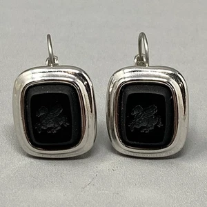 Monet Intaglio Earrings Black Reverse Carved Horse Pegasus Silver Tone Pierced - Picture 1 of 9
