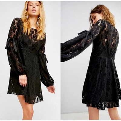 Free People Ruby Boho Black Lace Peasant Overlay Long Sleeve Mini Dress Small - Image 1 of 4