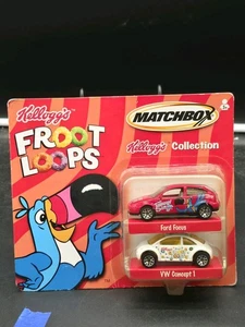 MATCHBOX KELLOGG'S FROOT LOOPS 2 Diecast Cars 2001 VW Bug + Ford Focus on Card! - Picture 1 of 2