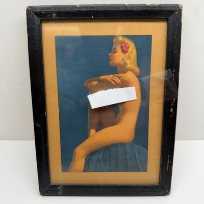 Vintage 1940's Al Buell Art Deco Nouveau Pin Up Framed Lithograph 7.5 x 5.75" - Image 1 of 4