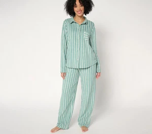 Cuddl Duds Fleecewear Collare Elasticizzato Tacca Pigiama Set-Riga Verde-Medio-A662810 - Foto 1 di 2