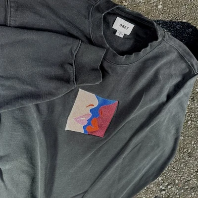 Obey Sweatshirt Men M Kissing Girls Graphic Crewneck Abstract Face Embroidery - Image 1 of 4