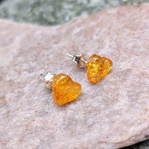 Amber Heart Earrings Natural Honey Color Sterling Silver 925 Studs - Picture 1 of 3