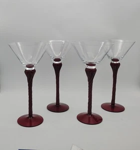 Vintage Bombay Scarlett Ruby Red Twisted Stem Blown Glass Martini Set Of 4 Rare - Picture 1 of 12