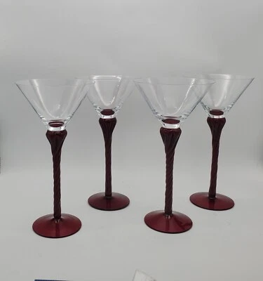 Vintage Bombay Scarlett Ruby Red Twisted Stem Blown Glass Martini Set Of 4 Rare  - Image 1 of 4