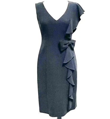 Vestido Teri Jon por Rickie Freeman Talla 4 Negro Vaina Lateral Volantes Lazo Elegante Foto 1 de 4