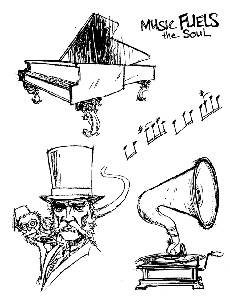 Brett Weldele,, estampillas de goma adhesivas, hombre de música, música, piano de cola, gramófono Foto 1 de 4