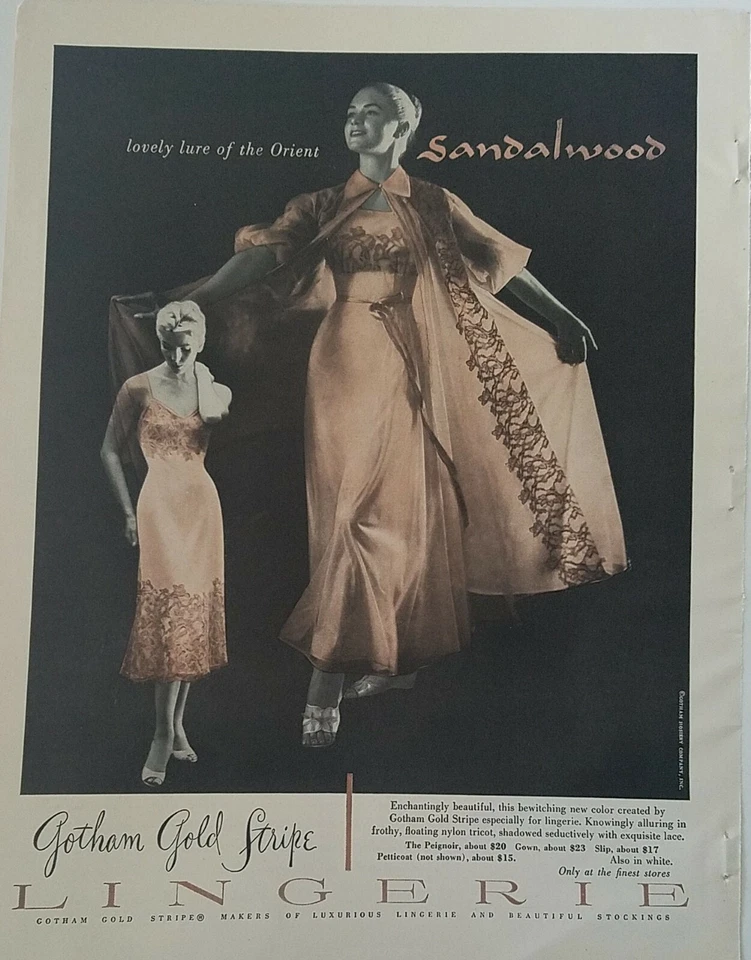 1955 Mujer Gotham Sándalo Oro Rayas Slip Peignoir Lencería Vintage Anuncio Foto 1 de 1