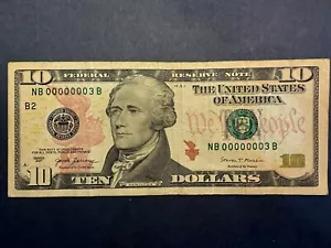 (Serial Number 3!) Rare 2017 $10 FRN Low Single Digit Fancy Serial Number - Picture 1 of 6