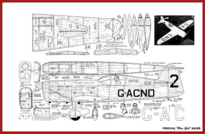Model Airplane Plans (UC): Percival "Mew Gull" Racer 30" 1¼"=1' Scale for .29 - Image 1 of 2