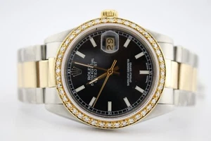 Rolex Datejust 36 18k Gelbgold und Stahl Diamant Verkrustet Schwarz Zifferblatt Uhr - Bild 1 von 12