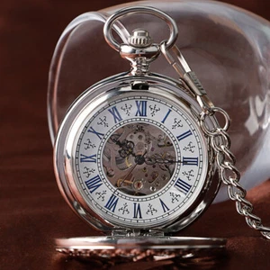 Men's Mechanical Wind Up Pocket Watch Silver Tone with Pendant Chain Best Gifts - Picture 1 of 12