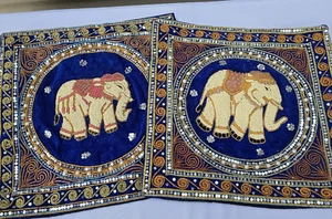 Pair (2) Asian Style embroidered elephant beaded sequin Metallic pillow cover - Picture 1 of 10