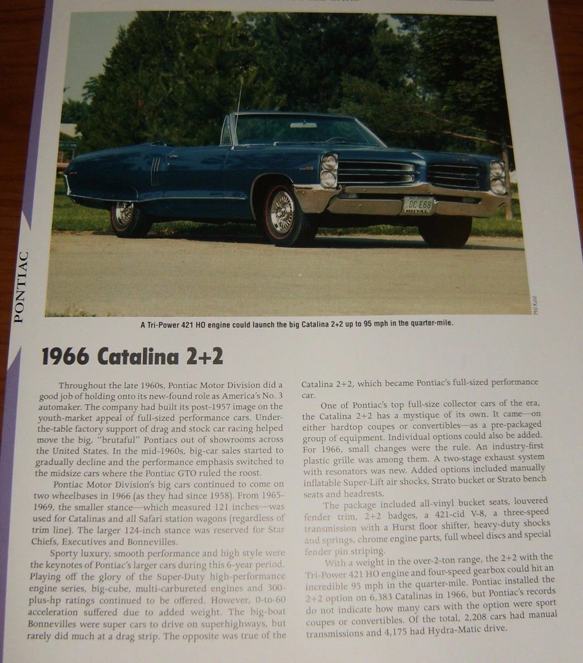 1966 PONTIAC CATALINA 2+2 SPECS INFO PHOTO 66 421 HO ★★ - Image 1 of 1