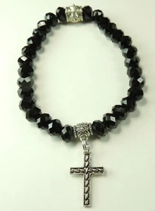 Black Crystal Stretch Bracelet with Cross Handmade Jewelry - Picture 1 of 1