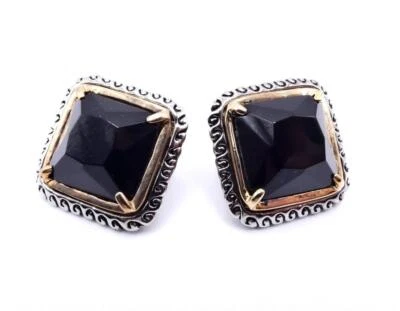 UNIQUE Chunky Antique Silver Cable Filigree Gold Black Onyx Square Post Earrings - Image 1 of 4