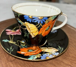 Rare Aynsley Tea Cup & Saucer , Poppies, England, Black With Orange & Yellow Pop - Picture 1 of 14