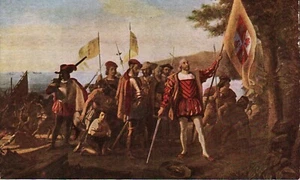 Postal vintage de Colón desembarcando en San Salvador 1492 pintada por Vanderlyn - Imagen 1 de 2
