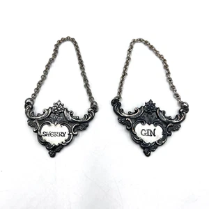 Vintage Pair Of Decanter Bottle Chain Hang Tags Label Made in England Gin Sherry - Picture 1 of 13