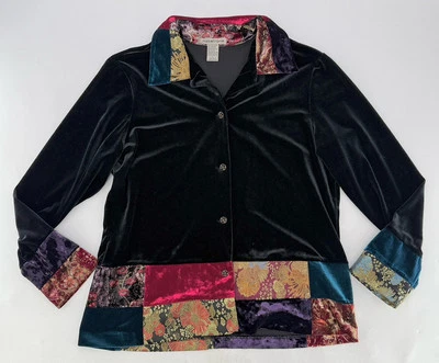Notations Black Velvet Patchwork Jacquard Bohemian Button Jacket L Art To Wear - Image 1 of 4