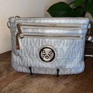 M Milan Silver Monogram Crossbody Bag Triple Zip with Gold Hardware Party Preppy - Picture 1 of 9