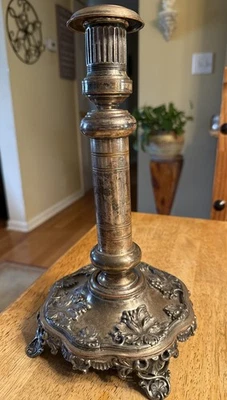 Antique Old Sheffield RARE Silverplate/Copper Footed Candlestick w Grapes Signed - image 1 of 4