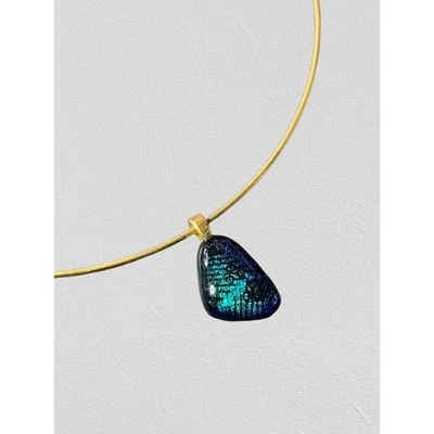 Iridescent Dichroic Glass Pendant Gold Tone Choker Necklace Blue Green - Image 1 of 4